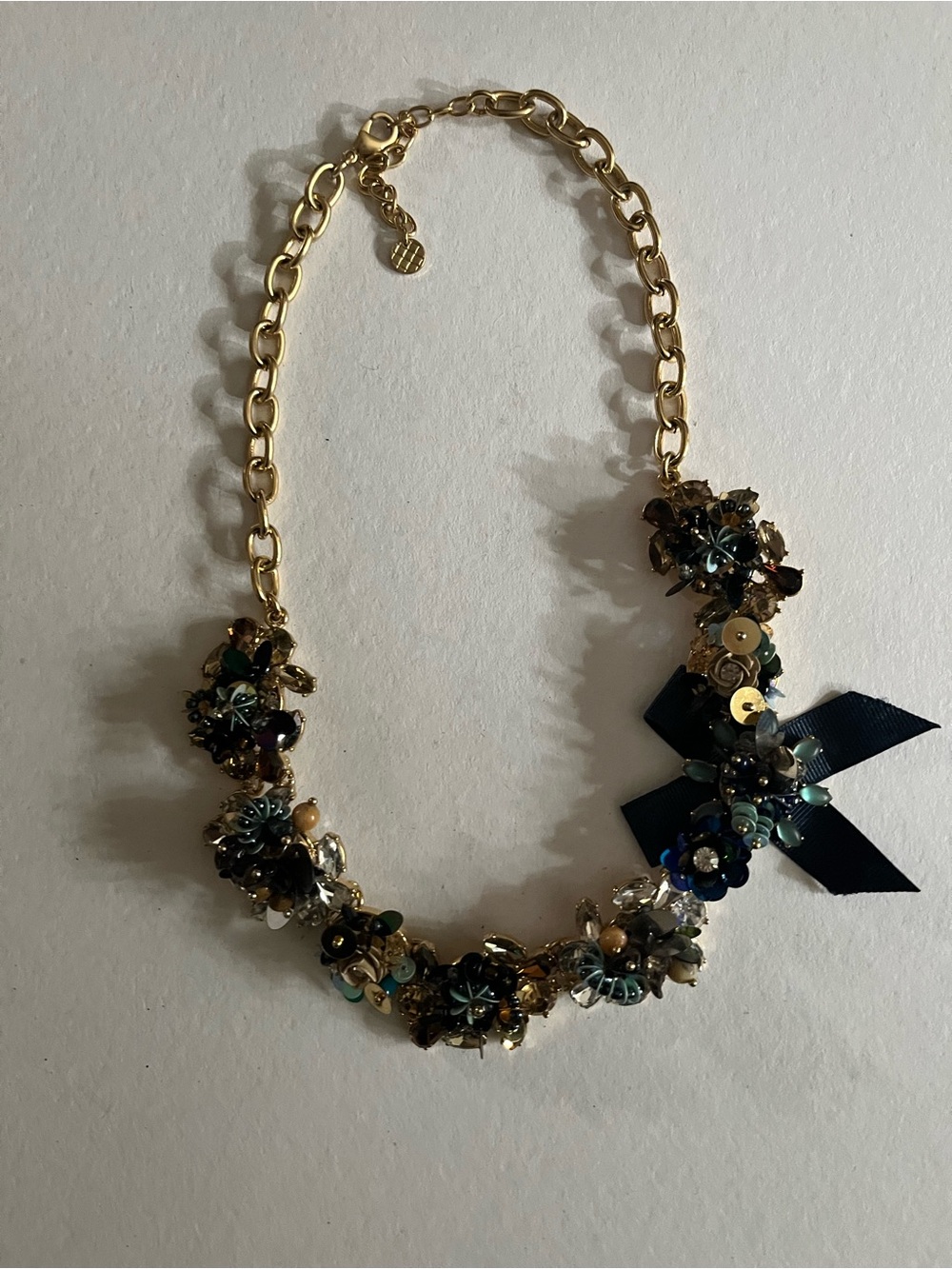 Talbots Gold Floral Cluster Necklace with Navy Ribbon Accent